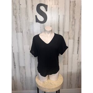 Lush Black V Neck Blouse Short Sleeve Lightweight Flowy Top Size S Casual Basic